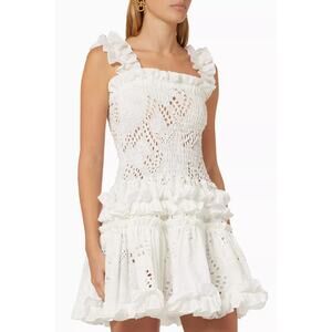 Waimari Alfresco Shirred Ruffled Broderie Anglaise Cotton Mini Dress White Small